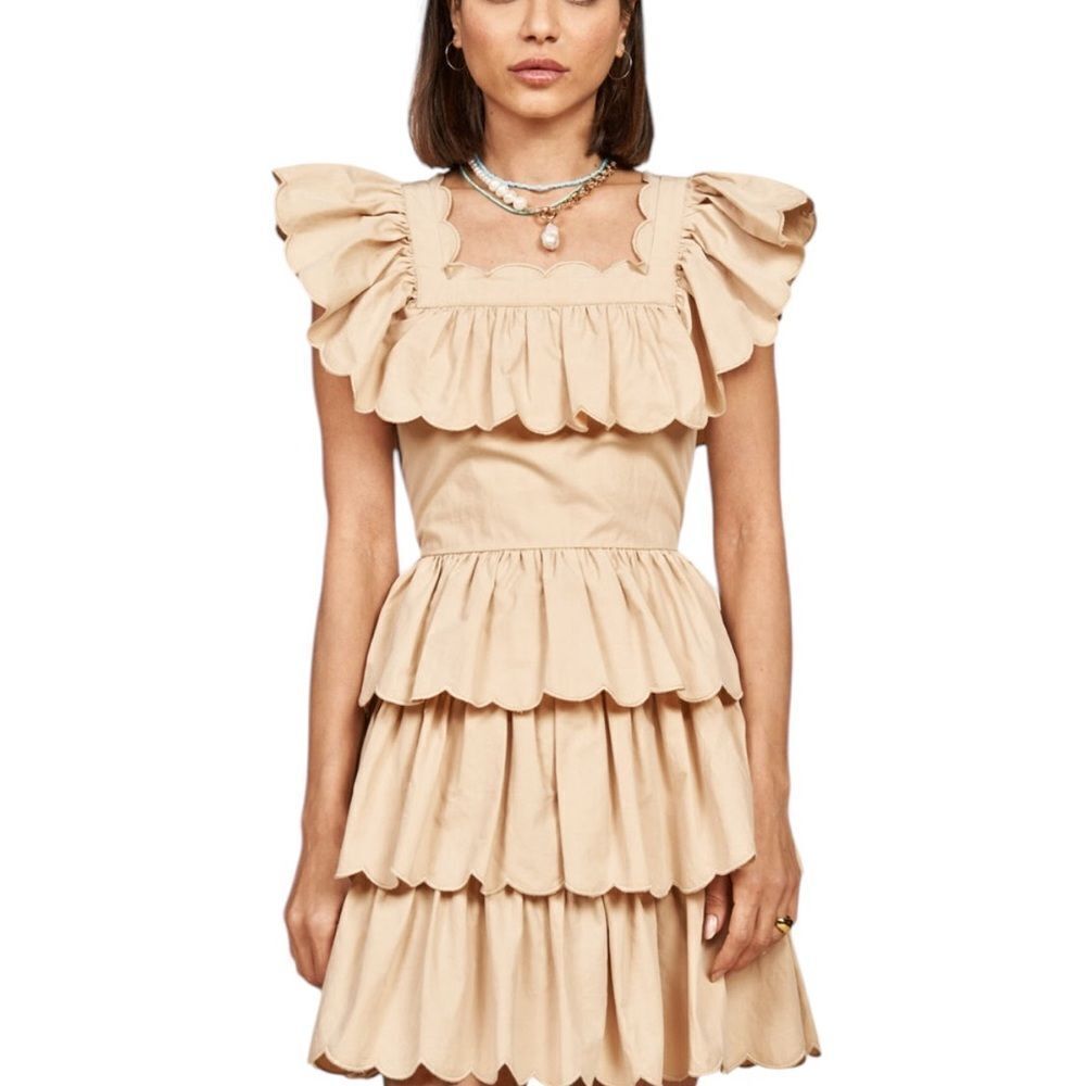 HUNTER BELL Neutral Beige Scalloped Ruffle Tiered Mini Dress
